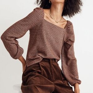 Madewell Jacquard Puff-Sleeve Crop Top Brown & Cream XS